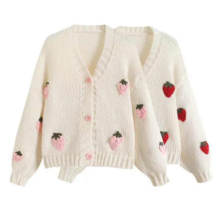 Damen kuschelige Strickjacke mit Erdbeerapplikationen Drune