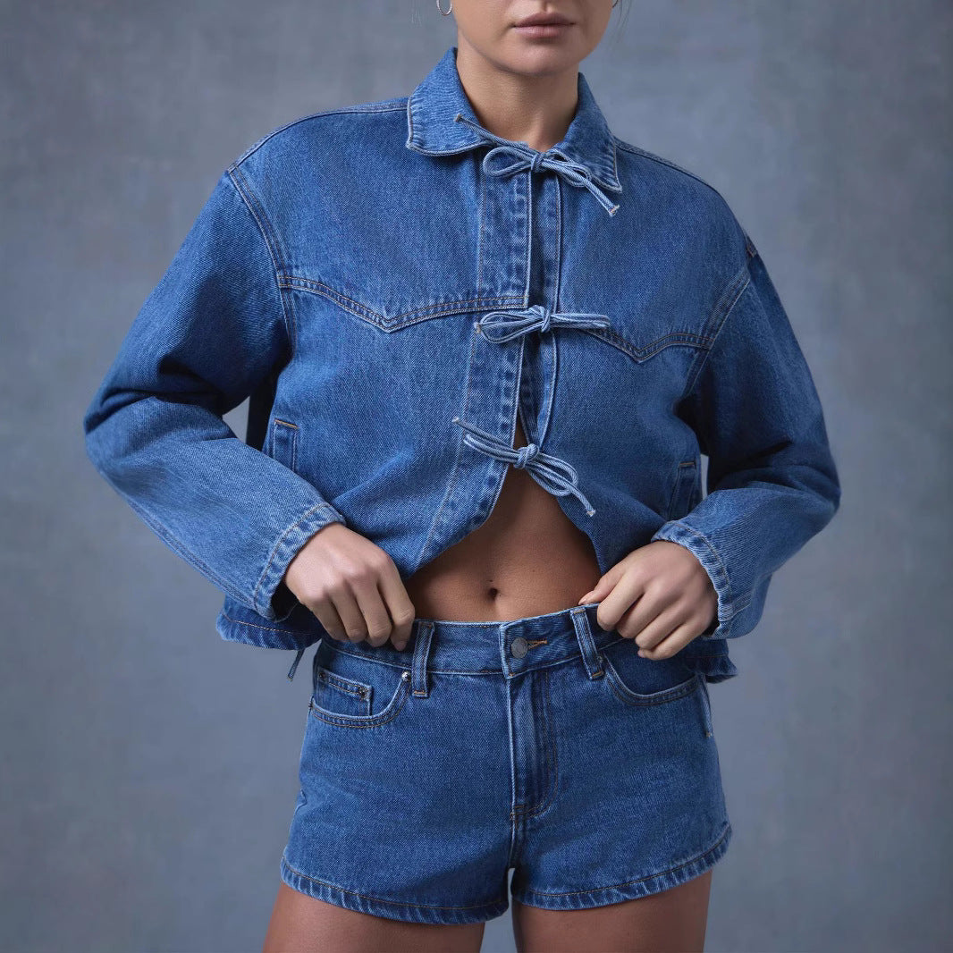 Damen Modernes Denim-Jackett mit Bindegürtel Drune