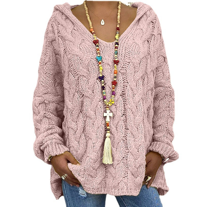 Damen Hoody aus Grobstrick mit V-Ausschnitt und dekorativem Kordelzug Drune
