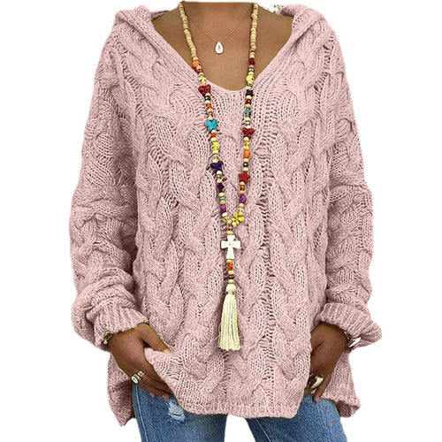 Damen Hoody aus Grobstrick mit V-Ausschnitt und dekorativem Kordelzug Drune