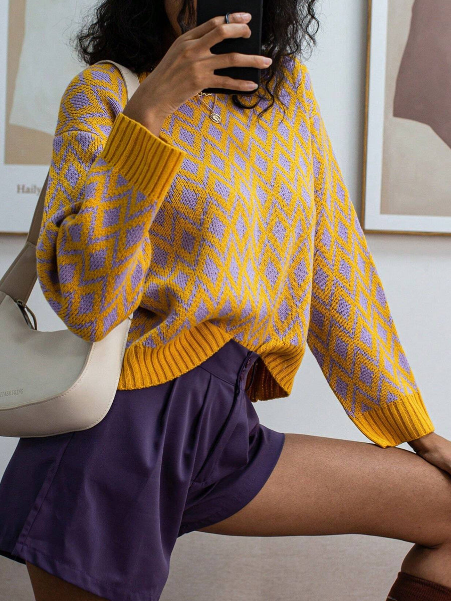 Damen lässiger Strickpullover mit geometrischem Muster Drune