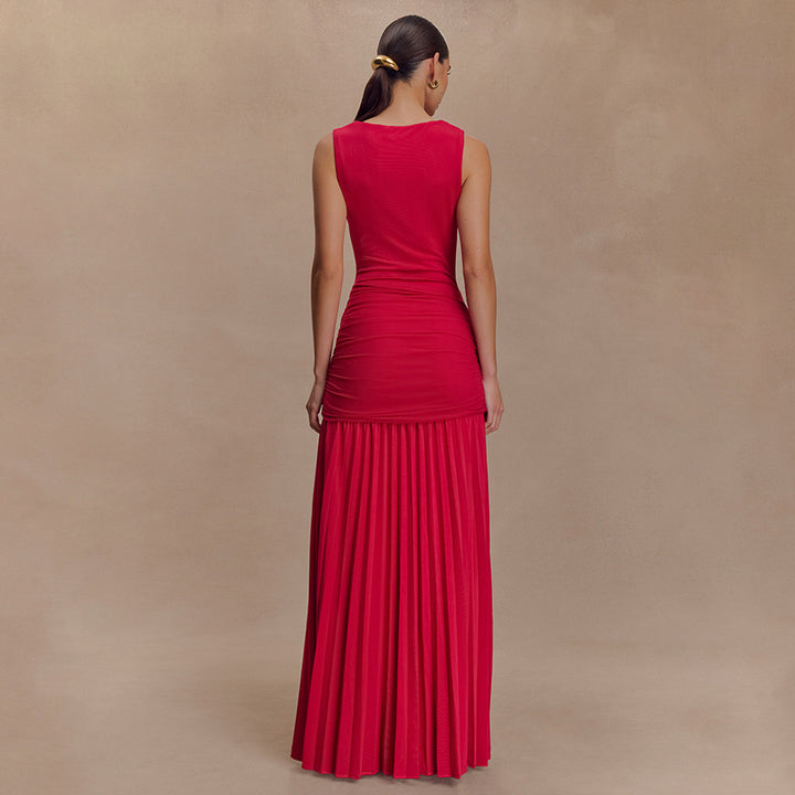 Damen Elegantes Maxikleid mit fließendem Stoff und Raffungen Drune