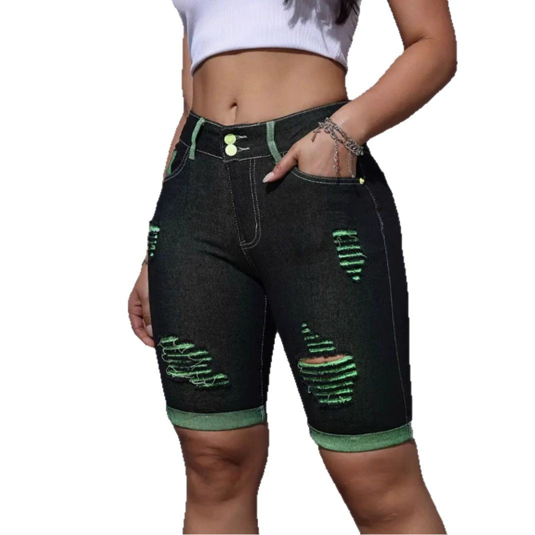 Damen Destroyed Denim-Shorts mit auffälligen Akzenten und hohem Bund Drune