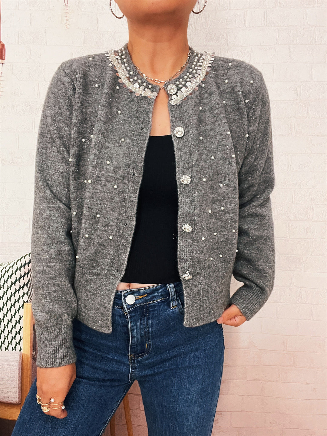 Damen Strickjacke mit Perlenbesatz Drune