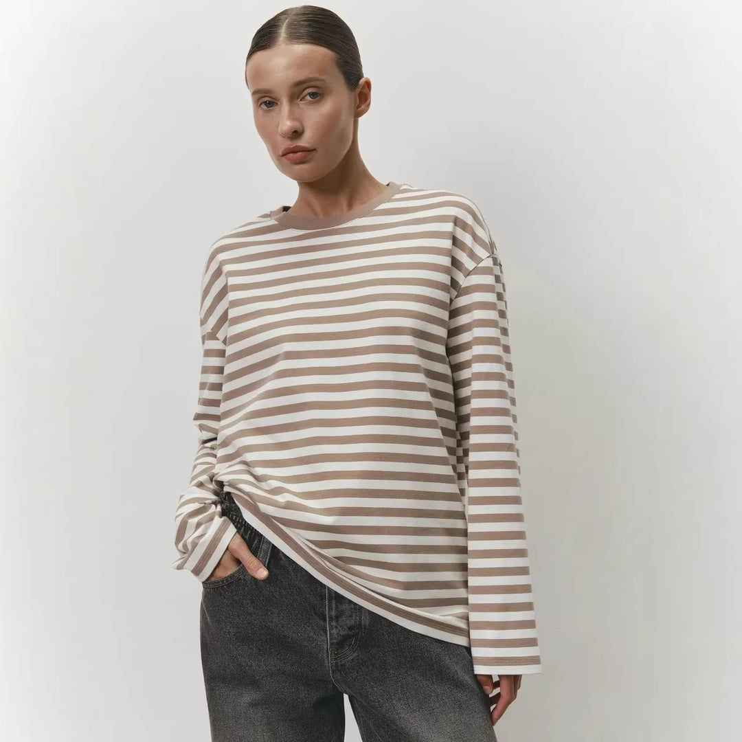 Damen bequemes Streifen-T-Shirt mit langen Ärmeln Drune
