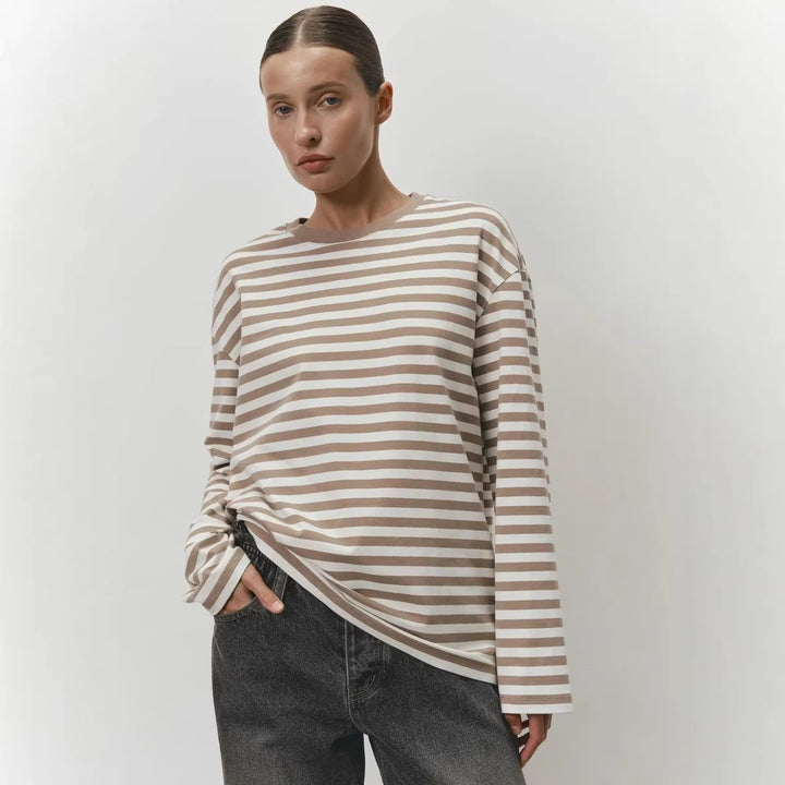Damen bequemes Streifen-T-Shirt mit langen Ärmeln Drune