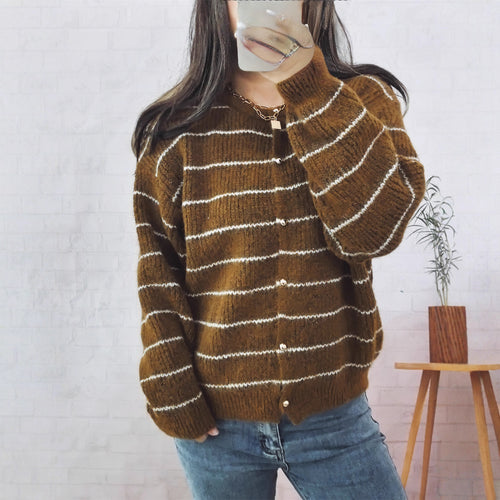 Damen gemütlicher Strickcardigan mit dekorativen Knöpfen und feinem Streifenmuster Drune
