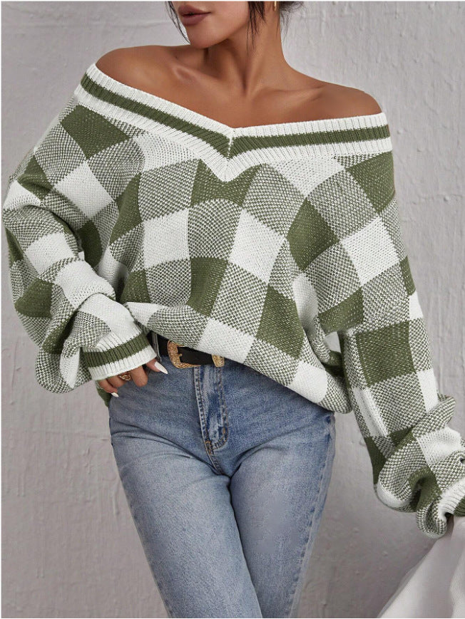 Damen Off-Shoulder Pullover im Karomuster mit langen Ärmeln Drune