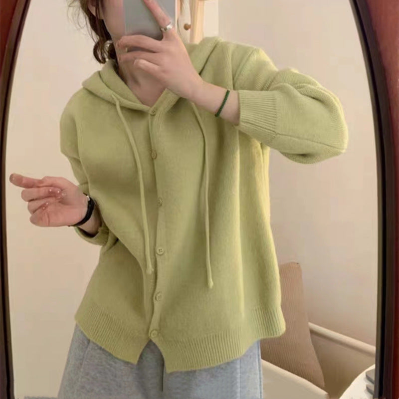 Damen kuschelige Strickjacke mit Kapuze und Knopfverschluss Drune