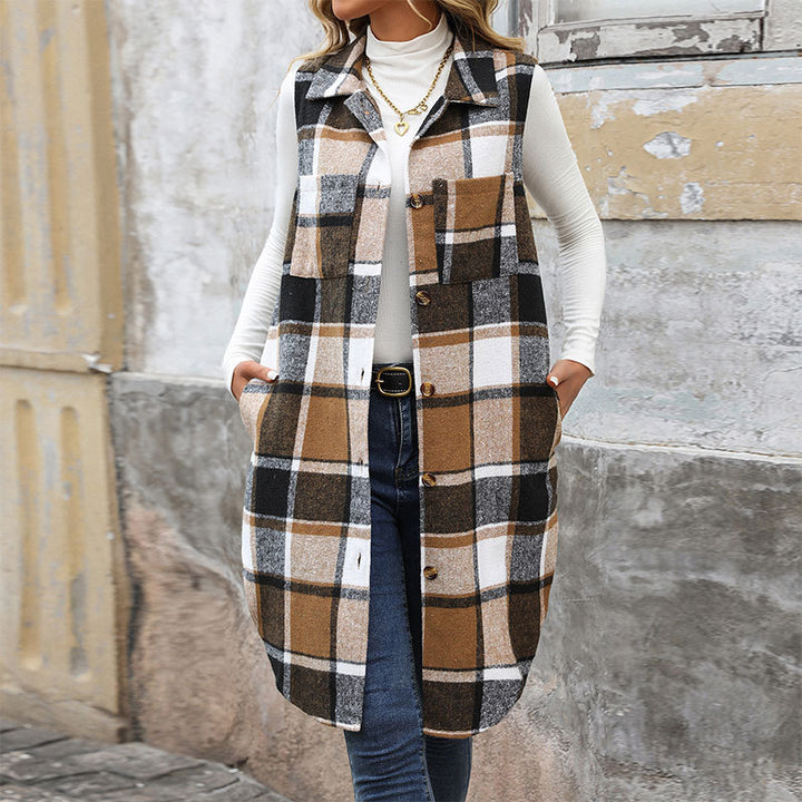 Damen Langarm-Weste mit Karo-Muster und praktischen Taschen Drune