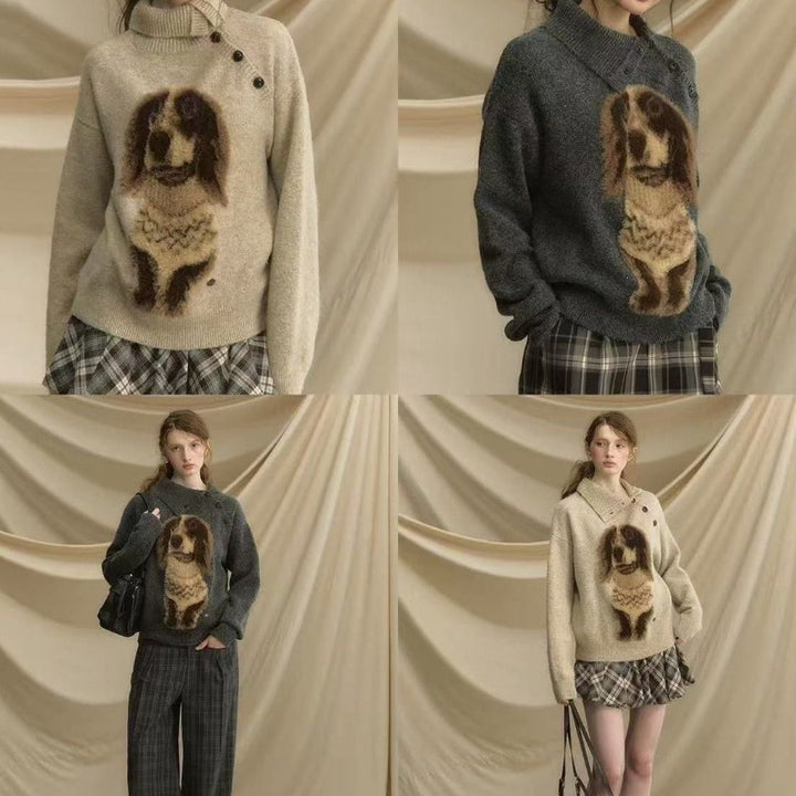 Damen Strickpullover mit tierischem Motiv und hochgeschlossenem Kragen Drune