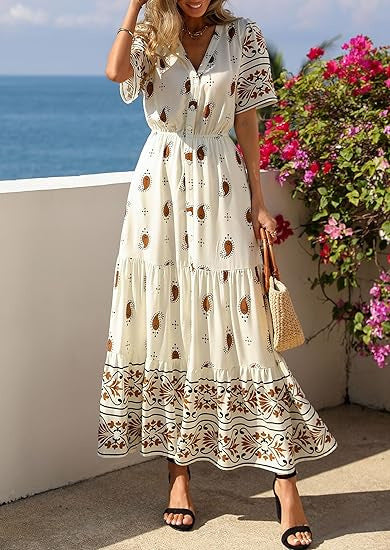 Damen Boho Maxikleid mit floralen Prints und Taillengürtel Drune