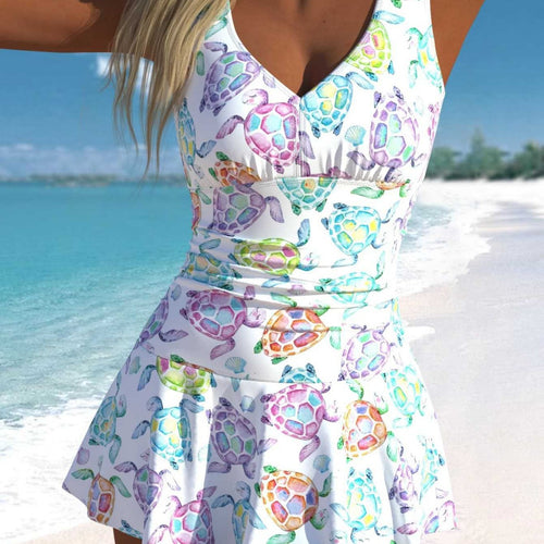 Damen Schwimmdress mit fröhlichem Schildkrötenmotiv und elegantem Rocksaum Drune