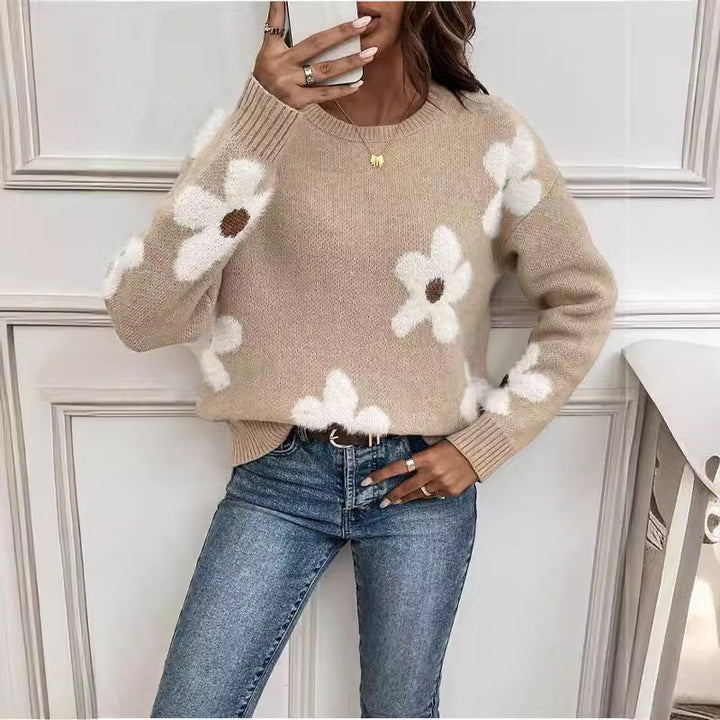 Damen Strickpullover mit floralem Design und modernem V-Ausschnitt Drune