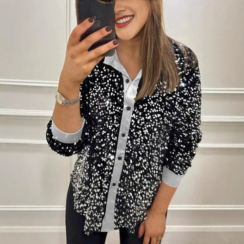 Damen Funkelnde Paillettenbluse mit klassischem Kragen Drune