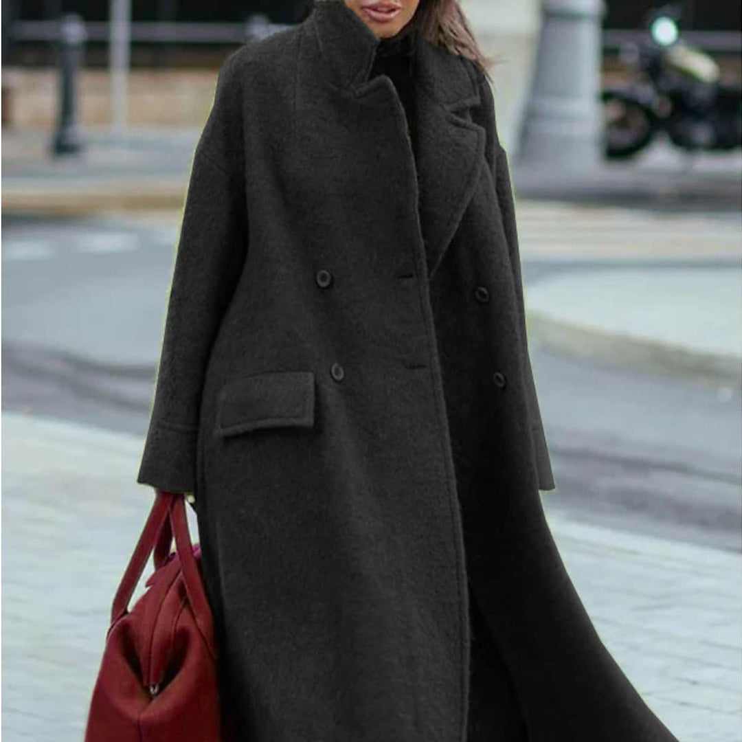 Damen nan Cape-ähnlicher doppelreihiger Wollmantel mit weitem Fall, hohem Stehkragen und Pattentaschen Drune