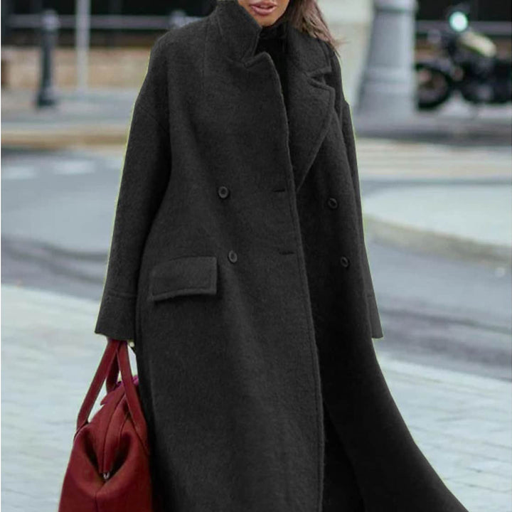 Damen nan Cape-ähnlicher doppelreihiger Wollmantel mit weitem Fall, hohem Stehkragen und Pattentaschen Drune