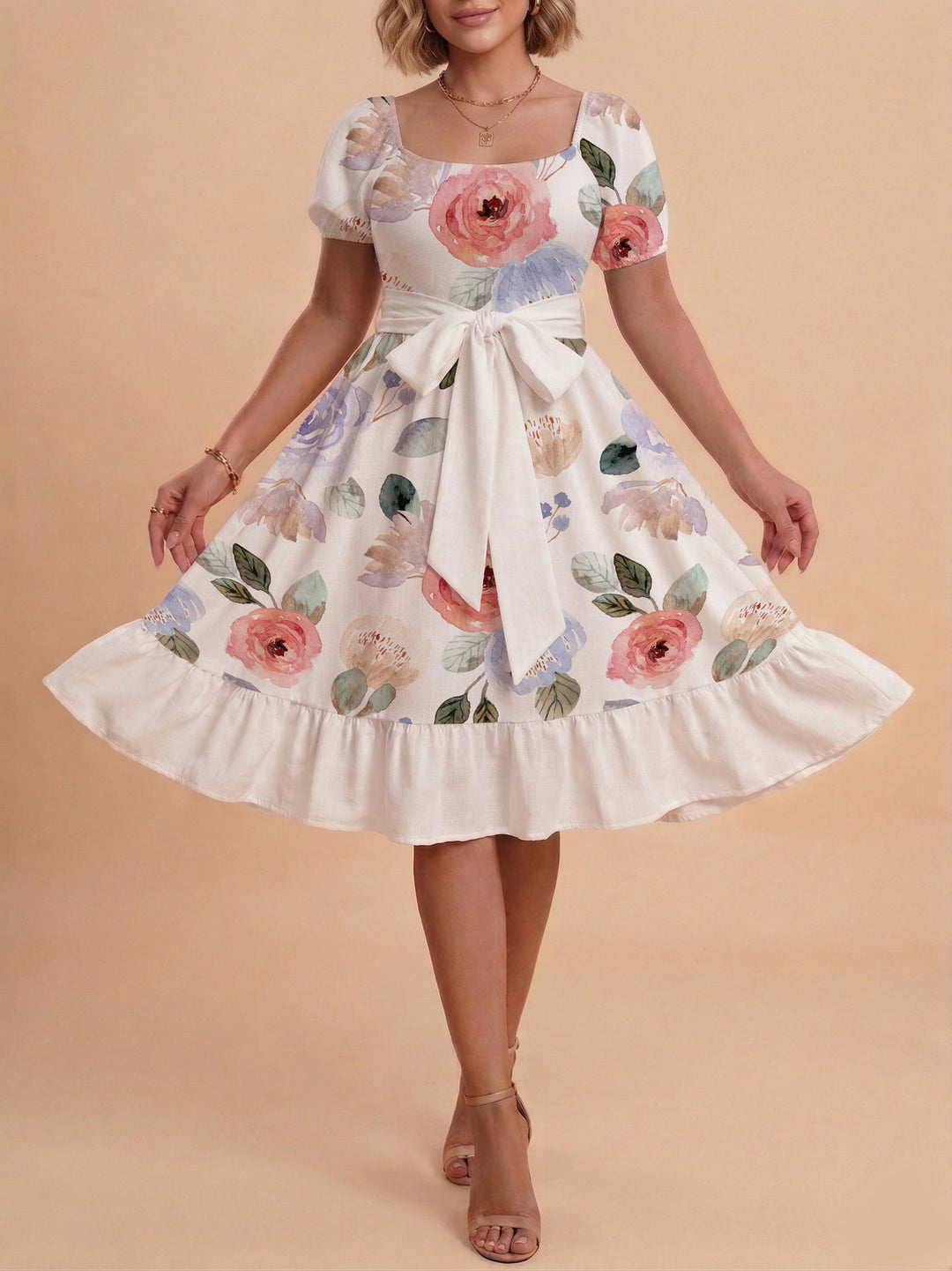 Damen Sommerliches Blumenkleid mit taillierbarem Gürtel und voluminösen Ärmeln Drune