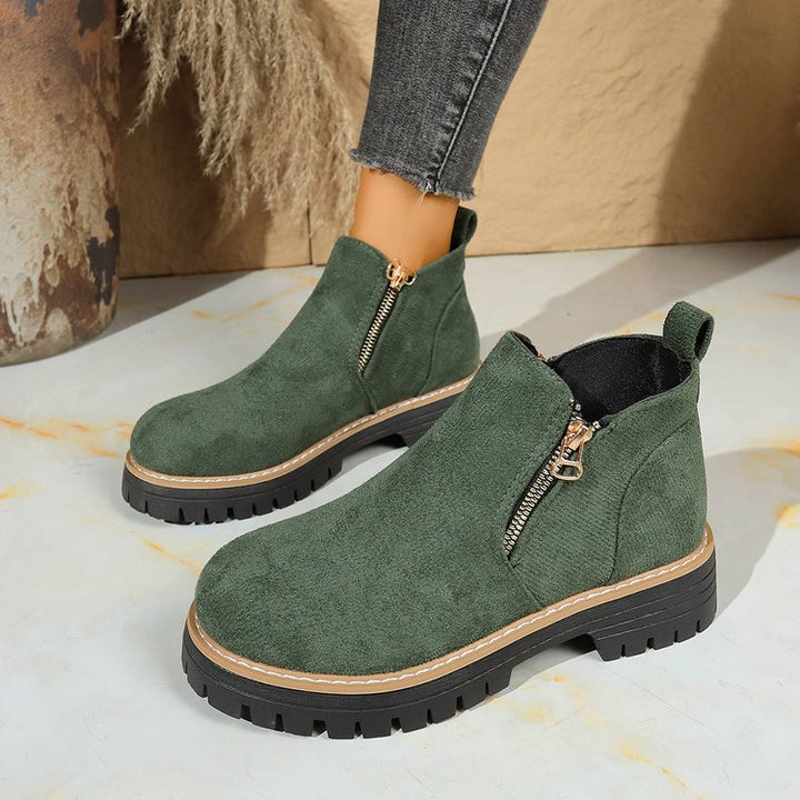 Damen nan knöchelhohe Wildlederimitat-Stiefelette mit seitlichem Reißverschluss, Zuglasche und robust profilierter Gummisohle Drune