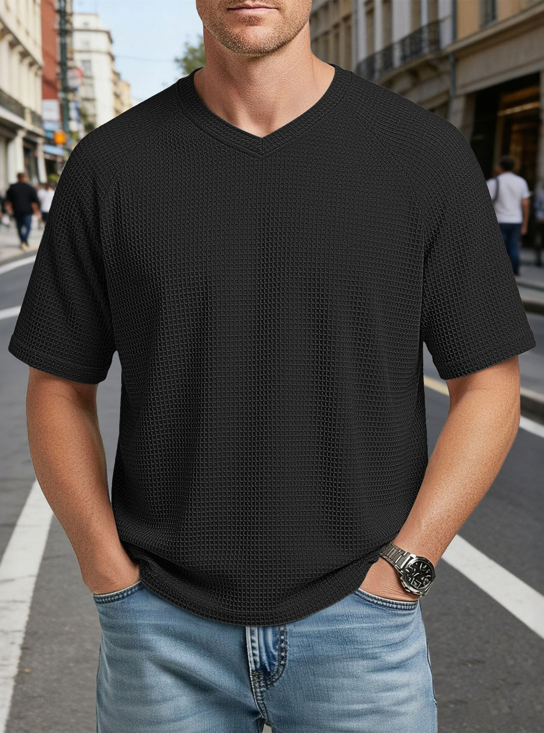 Herren nan lässiges V-Ausschnitt Waffelstrick-T-Shirt aus atmungsaktivem Baumwollmix Drune