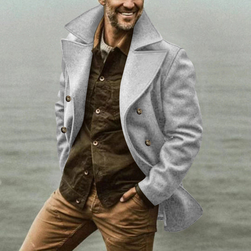 Herren eleganter, klassischer Wollmantel mit doppelter Knopfleiste und hohem Kragen Drune