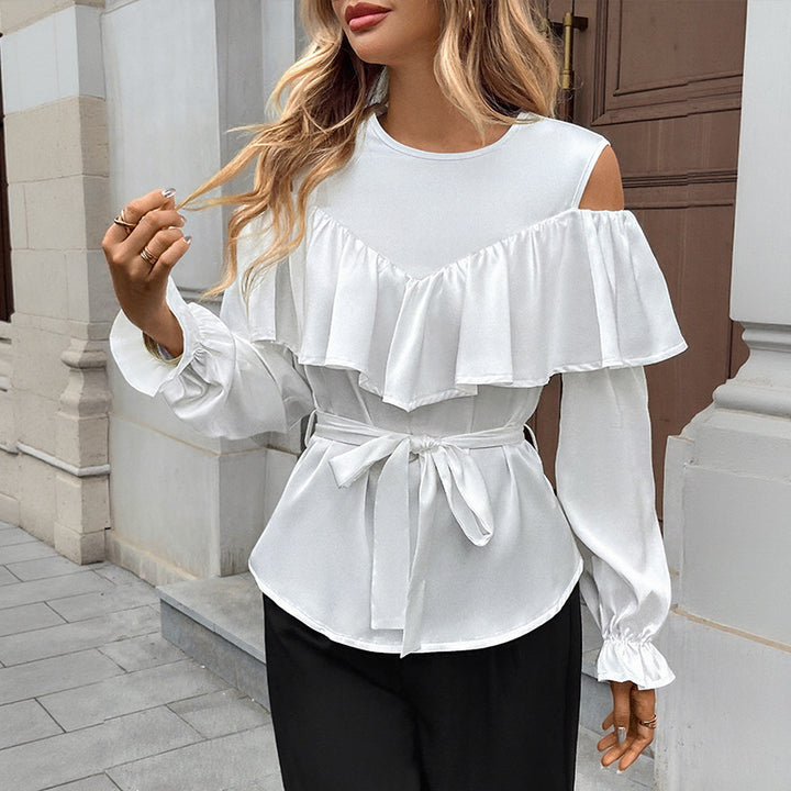 Damen Bluse mit auffälligen Rüschendetails und taillierbarem Bindegürtel Drune