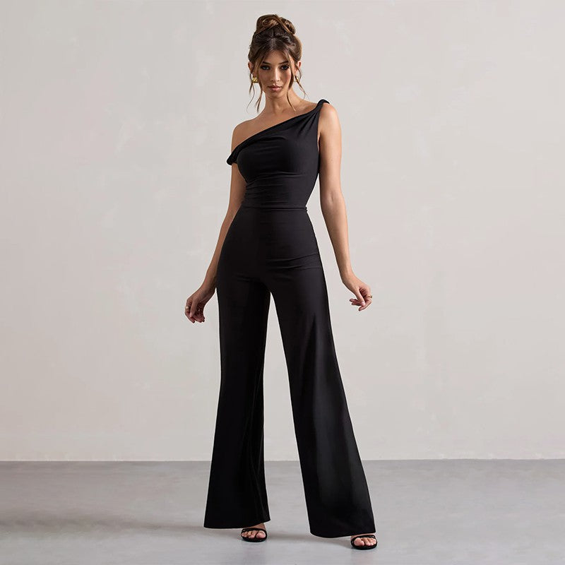 Damen schulterfreier Jumpsuit mit weitem Bein und elastischem Oberteil Drune