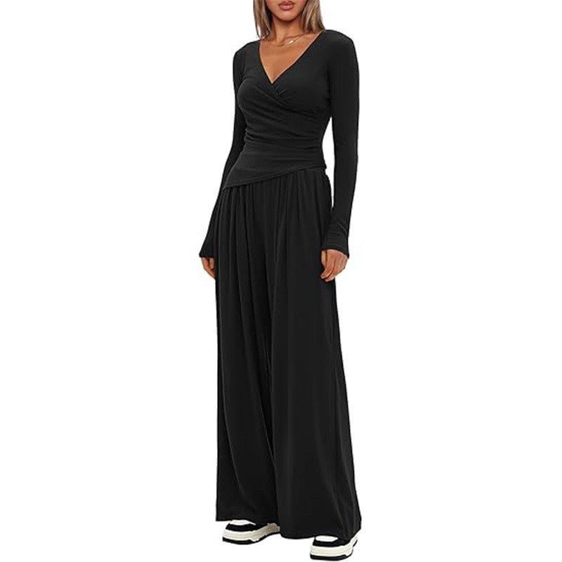 Damen Eleganter Wickel-Jumpsuit mit weitem Bein und modischen Details Drune