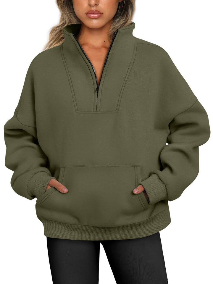 Damen nan oversized Halbzip-Hoodie mit hohem Stehkragen, Kängurutasche und gerippten Bündchen Drune