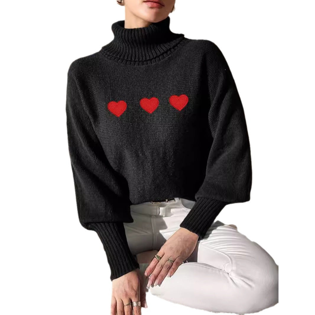 Damen Pullover mit hohem Kragen und verspielten Herzapplikationen Drune