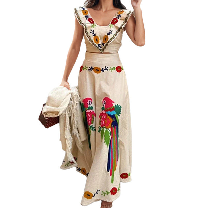 Damen Ethno-Inspiriertes Maxikleid mit Buntem Stickdesign und Volant Drune