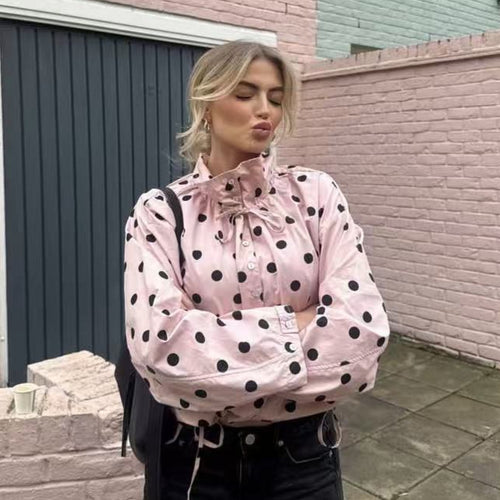 Damen nan leichte gepunktete Windbreaker-Jacke mit Tunnelzug und Stehkragen Drune