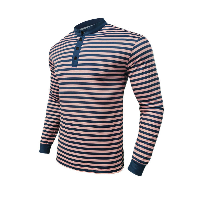 Herren nan gestreiftes Henley-Langarmshirt mit Stehkragen und feiner Baumwollmischung Drune
