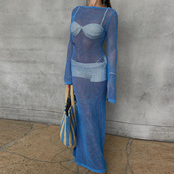 Damen transparentes Strandkleid aus Netzmaterial mit weitem Schnitt und offenen Ärmeln Drune