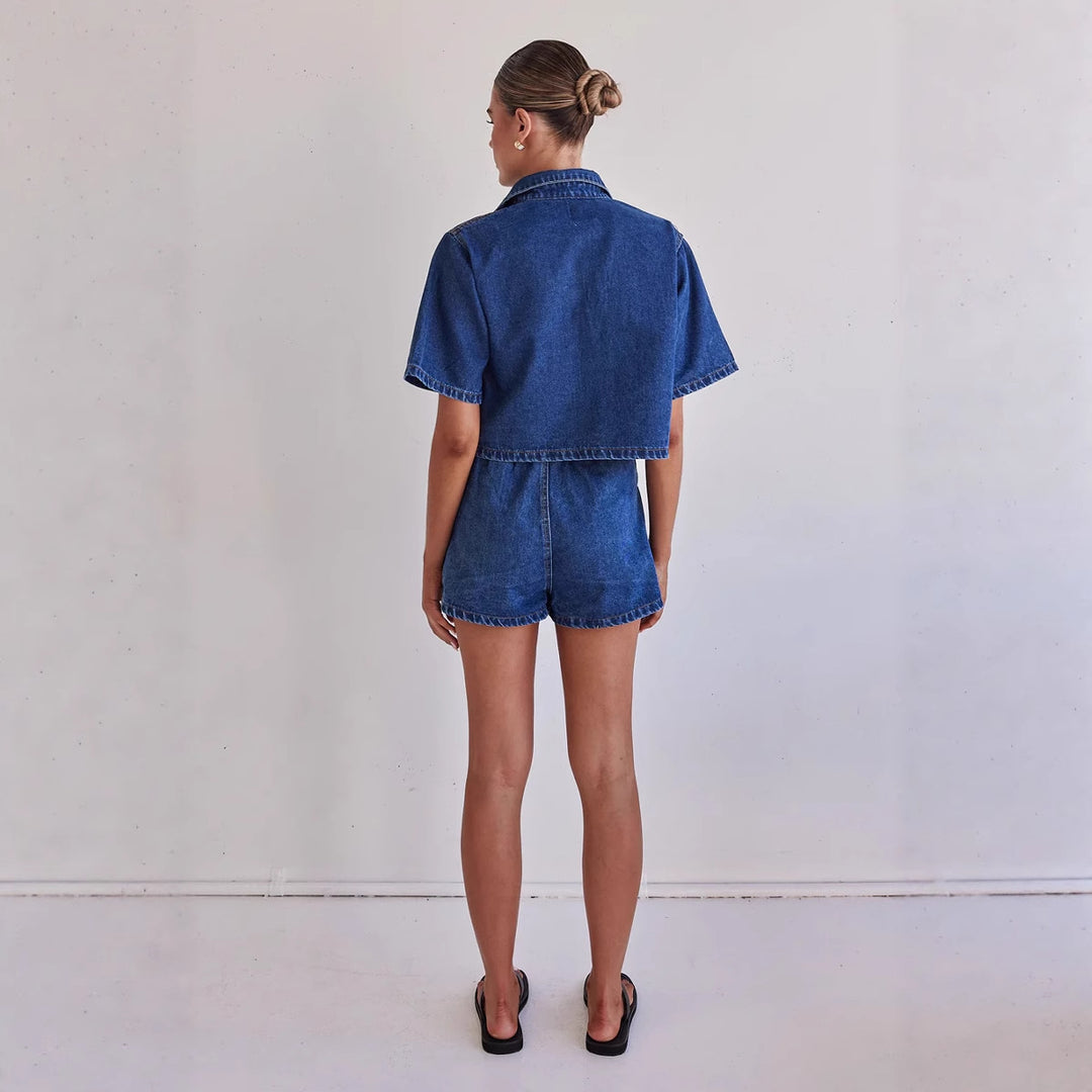 Damen Denim-Kurzjacke mit passendem Rock im lässigen Stil Drune