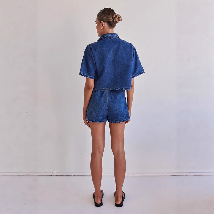 Damen Denim-Kurzjacke mit passendem Rock im lässigen Stil Drune