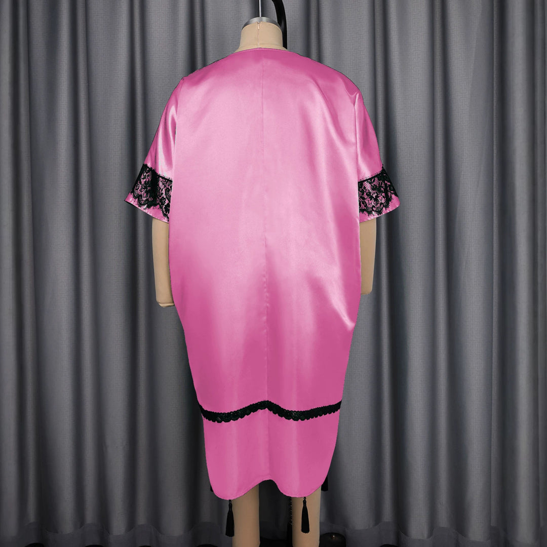 Damen elegantes Kaftankleid mit raffinierten Spitzenärmel und dekorativen Quasten Drune