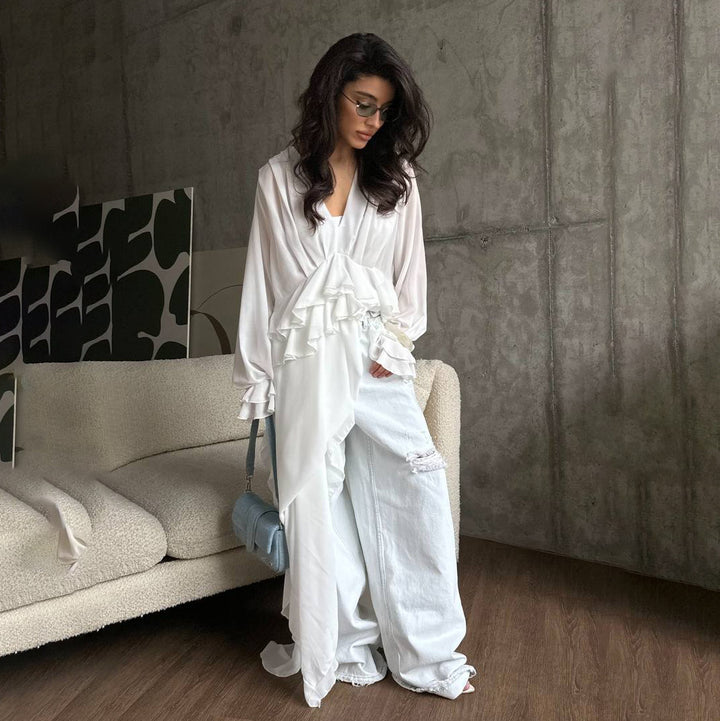 Damen Elegantes, fließendes Maxikleid mit weitem Schnitt und Rüschendetails Drune