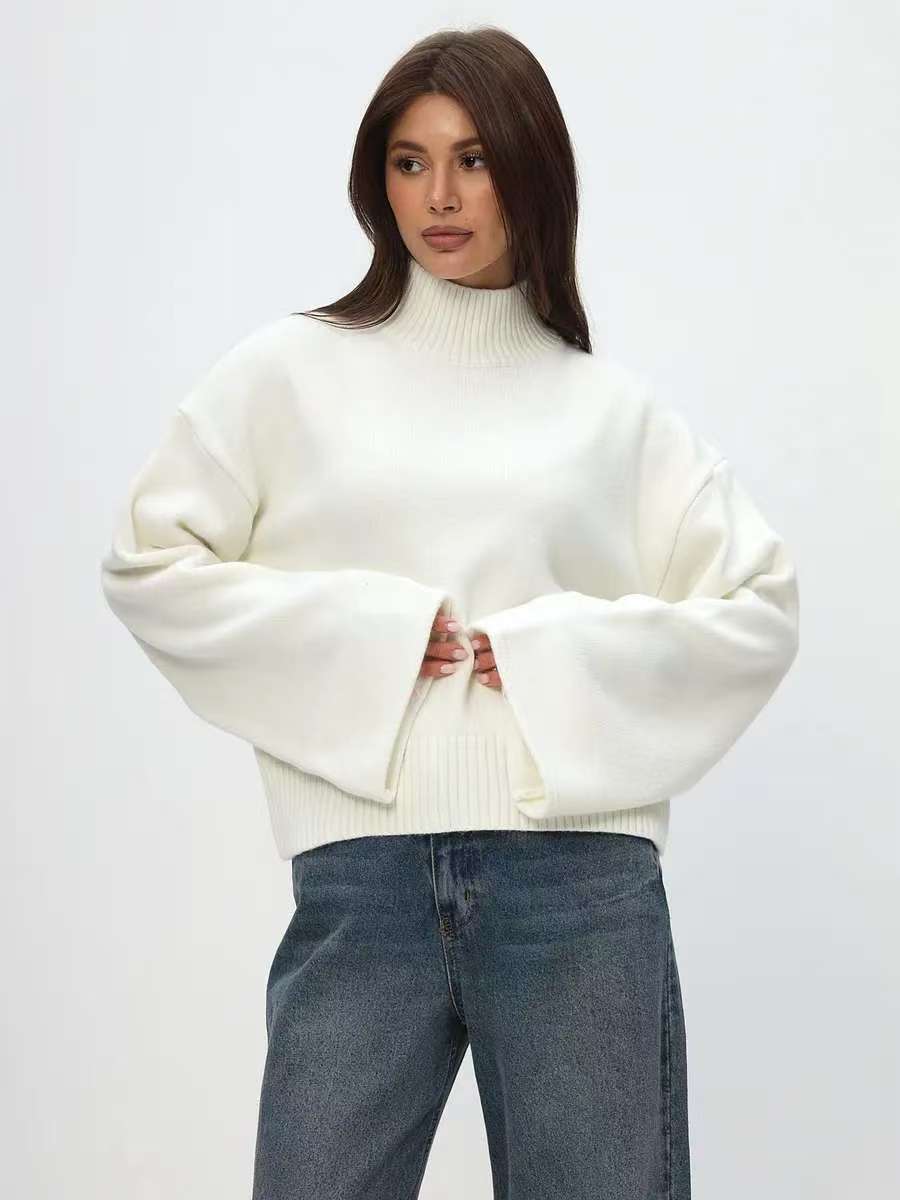 Damen modisches Oversized Strickpullover mit breiten Ärmeln und hochgeschlossenem Kragen Drune