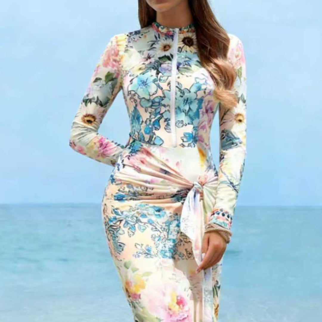 Damen Elegantes Langarm-Strandkleid mit floralem Design Drune