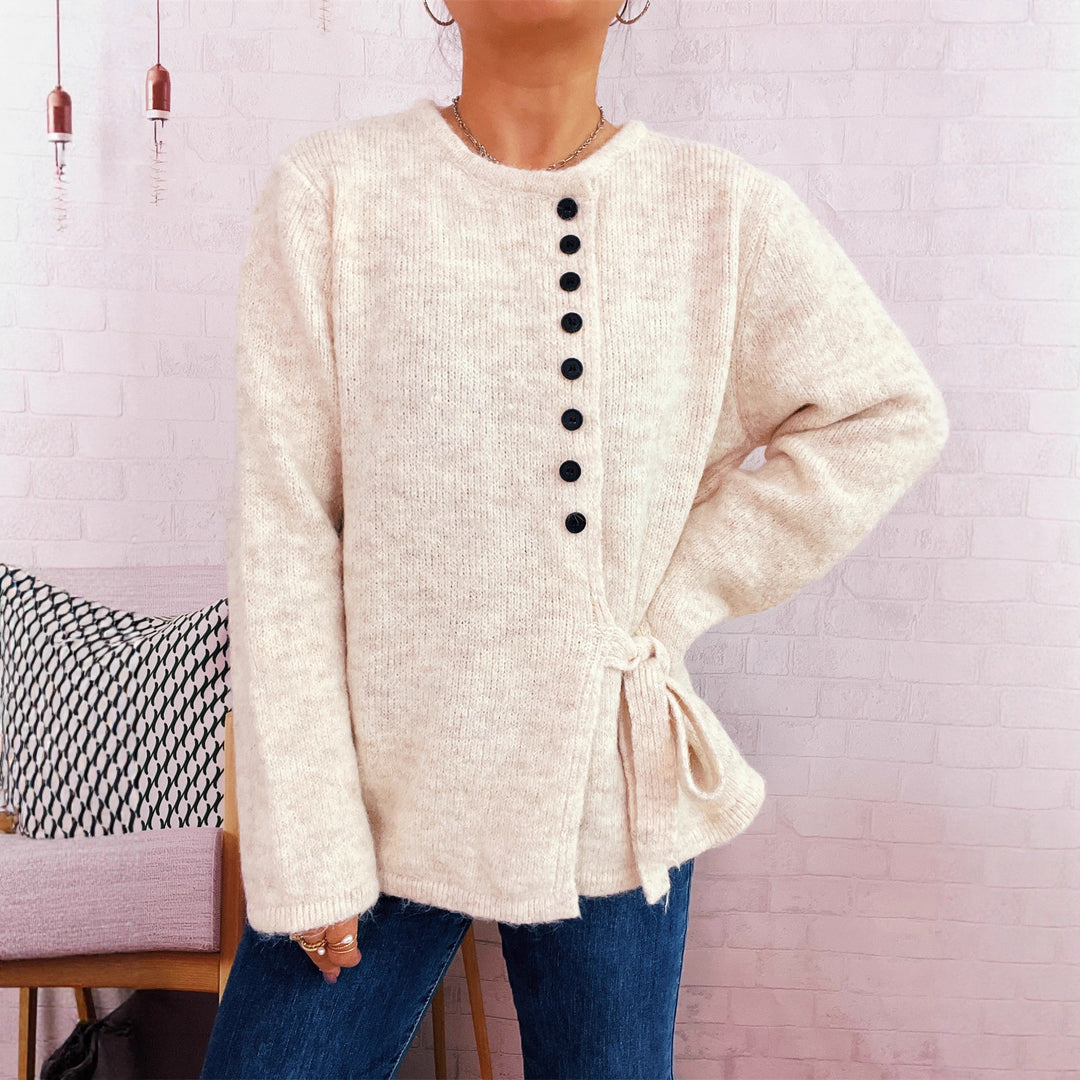 Damen verspielter Strickpullover mit seitlichem Knoten und Knopfdetail Drune