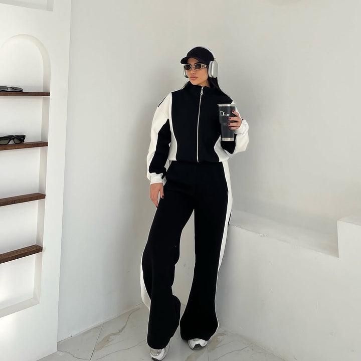 Damen Sportlicher Freizeitanzug mit hohem Kragen und breiten Hosen Drune