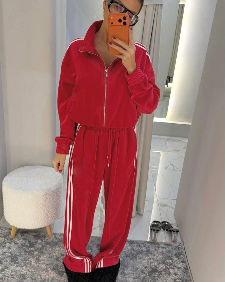 Damen sportlicher Velours-Jogginganzug mit hochgeschlossenem Kragen und elastischem Bund Drune