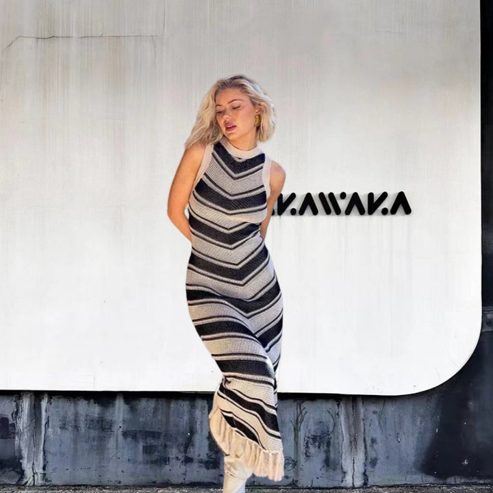 Damen Maxikleid mit Chevron-Muster und fransigen Details Drune