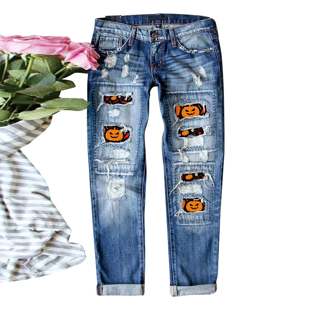 Damen Destroyed Jeans mit einzigartigen Halloween-Designs Drune