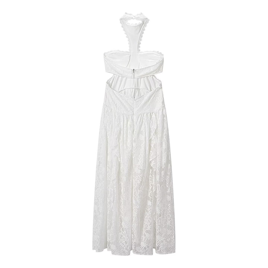 Damen Spitzenmaxikleid mit raffinierten Rüschendetails und elegantem Halterneck Drune