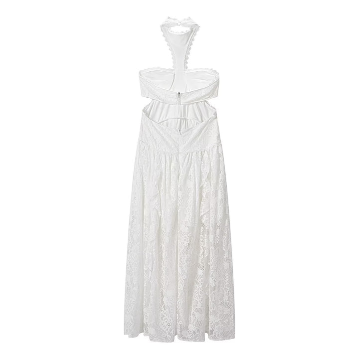 Damen Spitzenmaxikleid mit raffinierten Rüschendetails und elegantem Halterneck Drune