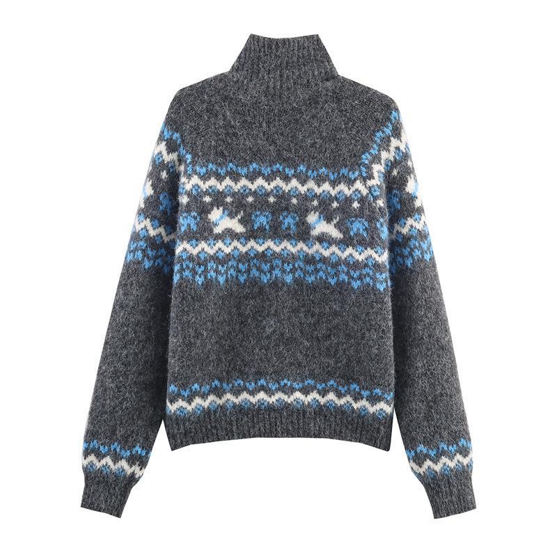 Damen Strickjacke mit nordischem Muster und erhöhtem Kragen Drune