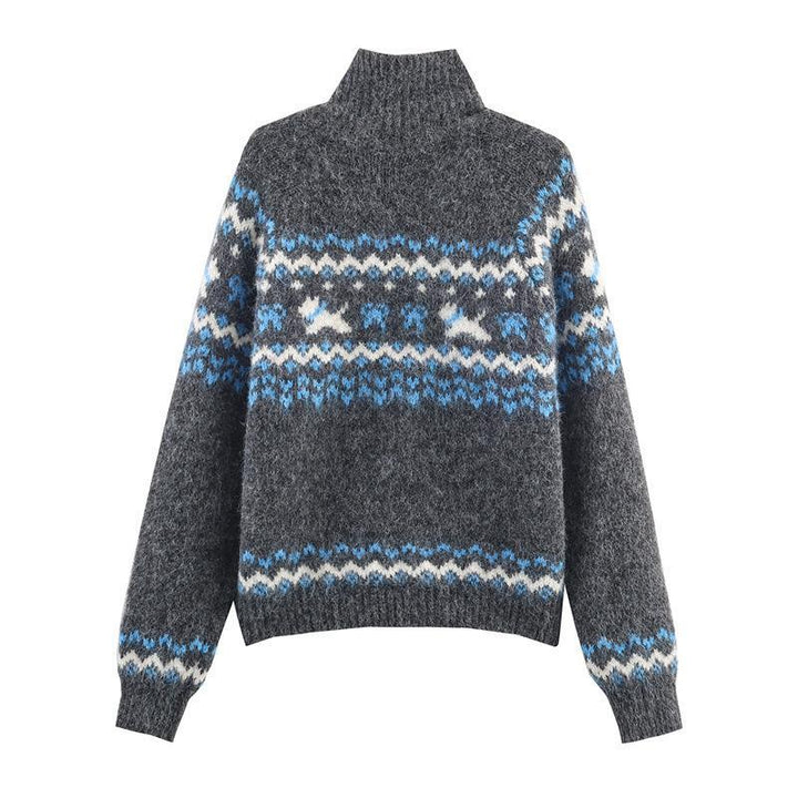 Damen Strickjacke mit nordischem Muster und erhöhtem Kragen Drune