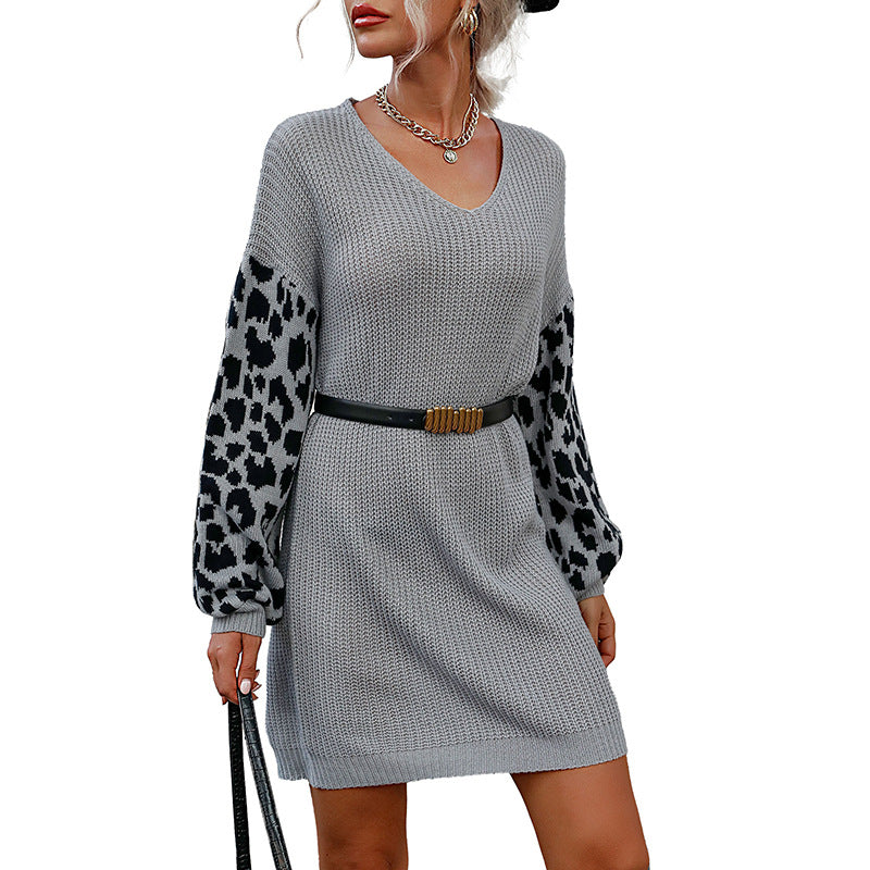 Damen Strickpullover-Kleid mit modernen Leopardenärmeln und V-Ausschnitt Drune